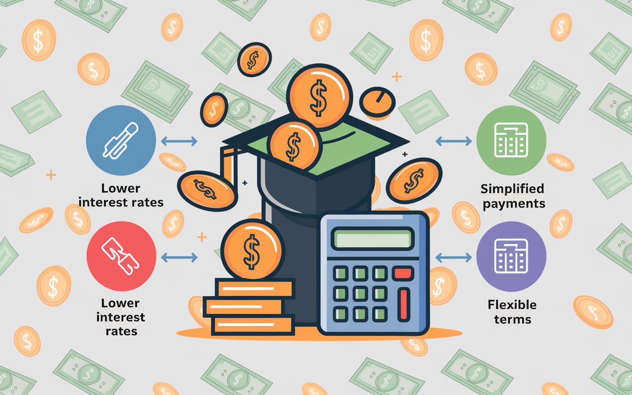 A colorful infographic poster detailing the advantages of refinancing student loans, with icons representing lower interest rates, simplified payments, and flexible terms. Background elements include a subtle pattern of financial symbols (like coins, dollar bills, and calculators) creating an educational yet engaging visual. Soft lighting enhances clarity and makes the content accessible and informative.