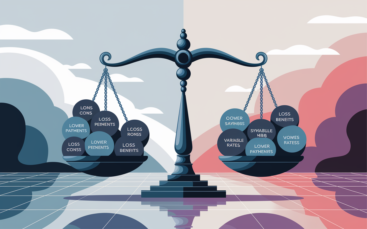 An artistic visualization of a balanced scale, one side filled with pros of refinancing (like lower payments, savings) while the other side shows cons (loss of benefits, variable rates). The background features a calm environment with a soft gradient of colors that symbolize financial clarity and weight of decision-making.