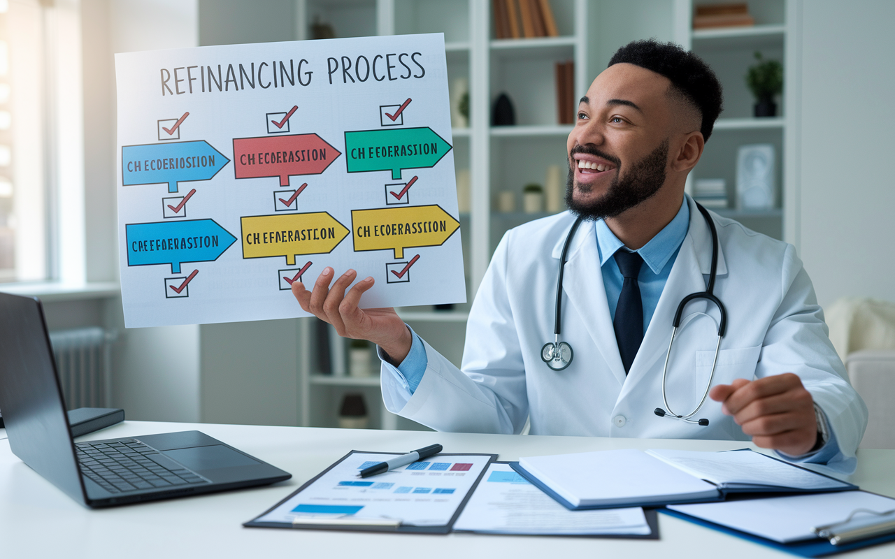 A cheerful young doctor enthusiastically studying a flowchart detailing the refinancing process. The chart includes images of checked boxes at each step, colorful arrows showing progression, and various documents laid out on a desk with a laptop open, symbolizing thorough preparation and successful navigation through the financial landscape.