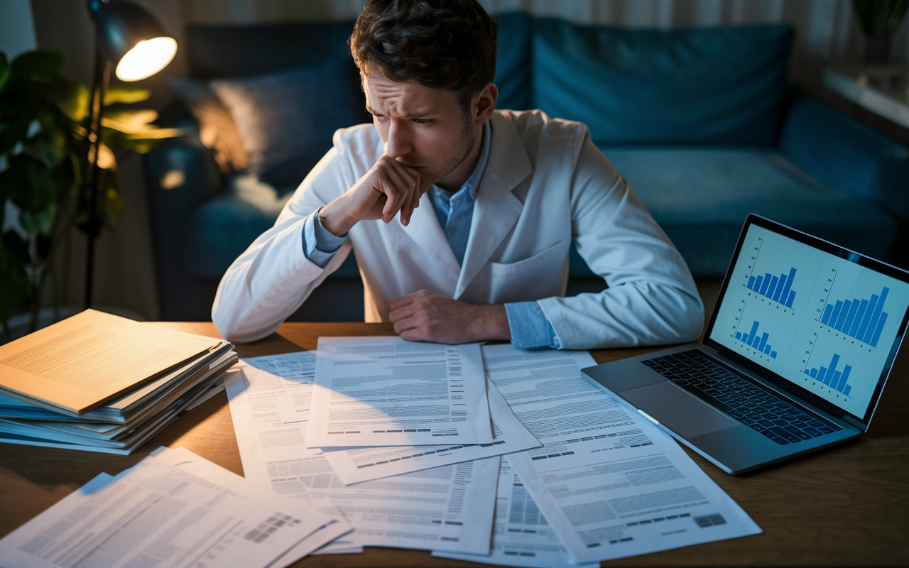 A thoughtful medical student with a concerned expression, reviewing various loan documents spread on a study table. The setting is cozy with soft desk lighting, highlighting the piles of paperwork and a laptop showing graphs on loan terms. The student's focus and determination illustrate the importance of understanding financial obligations.