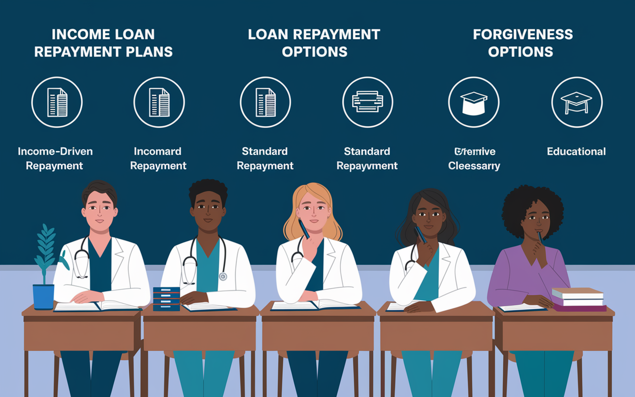 An infographic-style representation of various loan repayment options, including visual icons for Income-Driven Repayment plans, Standard Repayment, and Forgiveness options. The infographic is colorful and educational, showing diverse medical students contemplating their choices, all set in a modern classroom environment.