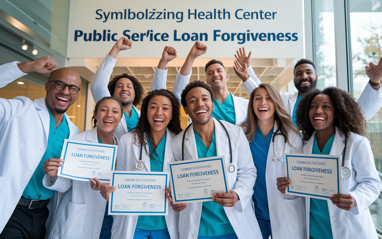 A jubilant group of diverse medical professionals in white coats celebrating together, with a backdrop of a community health center, symbolizing Public Service Loan Forgiveness. They hold certificates for loan forgiveness, expressing joy and relief. The setting is bright, showcasing community engagement and support.