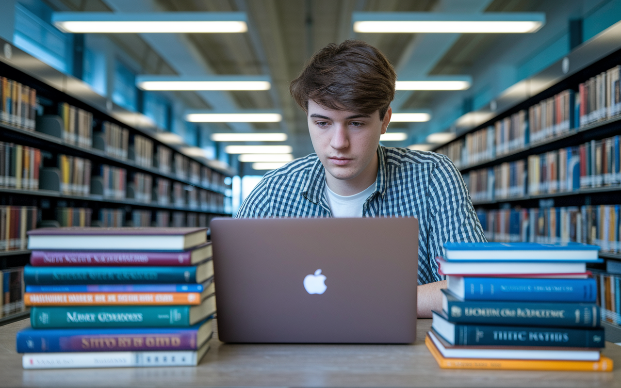 A student in a library, deeply focused on a laptop with multiple tabs open, showing scholarship opportunities and applications. Around them are stacks of medical textbooks and resource guides, with soft, warm lighting creating an inspiring and academically rich environment.