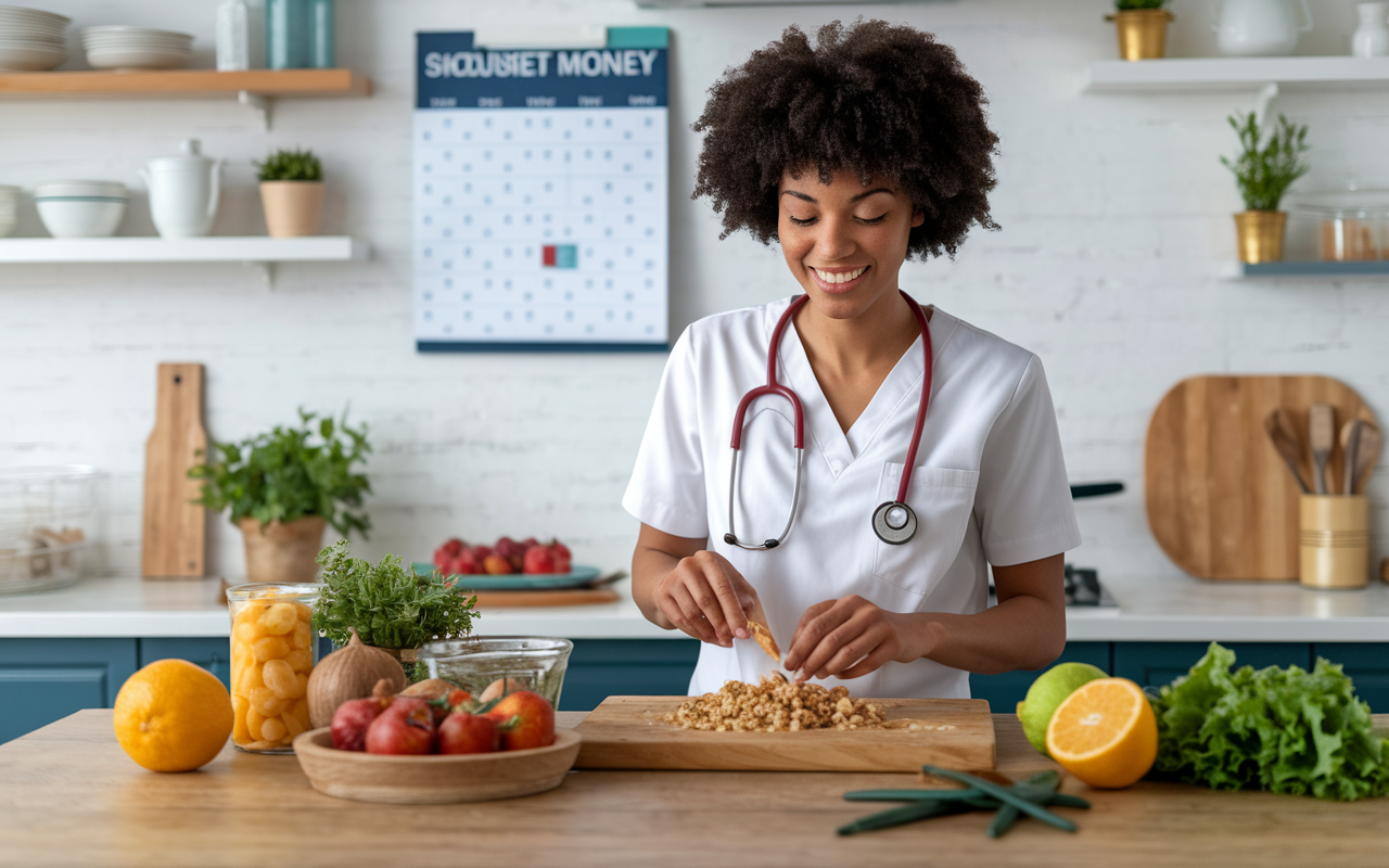 A medical student in a cozy kitchen preparing a homemade meal, with fresh ingredients on the counter and an inviting atmosphere. A calendar on the wall shows planned cooking days to save money. The scene conveys a balanced lifestyle and resourceful approach to budget management.