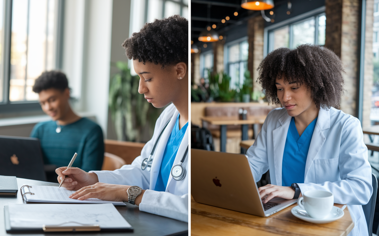 A split-screen view of a medical student tutoring undergraduates in a well-lit study space, and another side showcasing them freelancing at a laptop in a cafe. The scenes emphasize flexibility and resourcefulness, representing various creative ways to earn extra income.