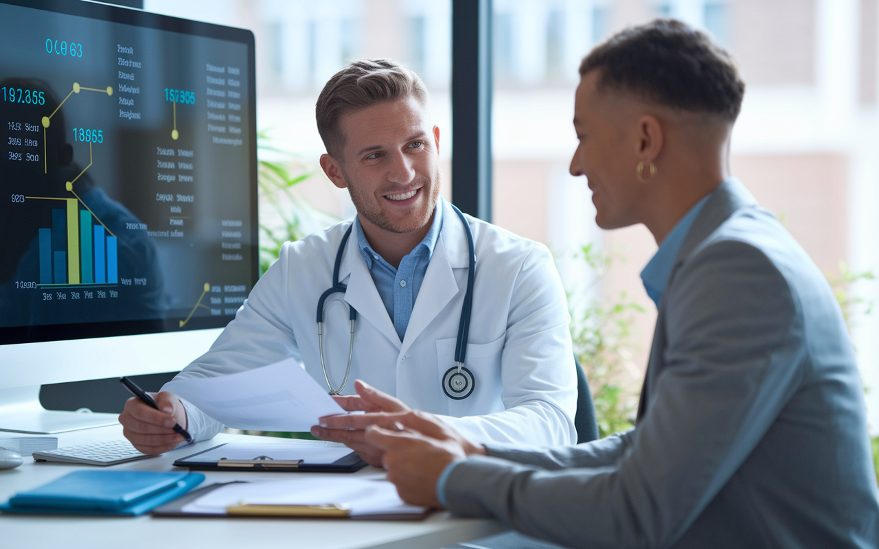 An engaging consultation scene in a modern office, where a medical student sits with a financial advisor reviewing documents and discussing strategies. The setting is bright and professional, with visual tools like charts on a screen illustrating financial pathways.