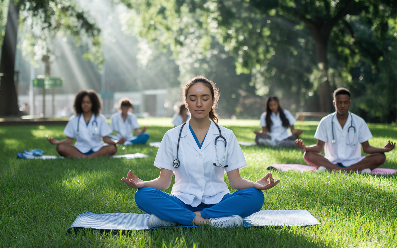 A serene scene of a medical student meditating in a peaceful park, surrounded by greenery, with sunlight filtering through the trees creating a calming effect. Other students can be seen engaging in wellness activities, emphasizing the importance of mental health amidst academic pressures.