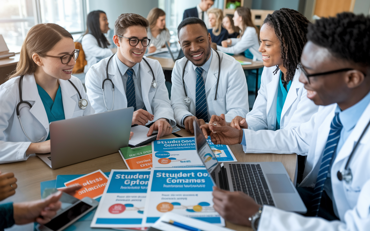 A group of engaged medical students in a lively study group setting, surrounded by laptops and flyers about financial options, discussing the latest updates on student loans and scholarships. The environment is collaborative, with enthusiasm and teamwork visible.