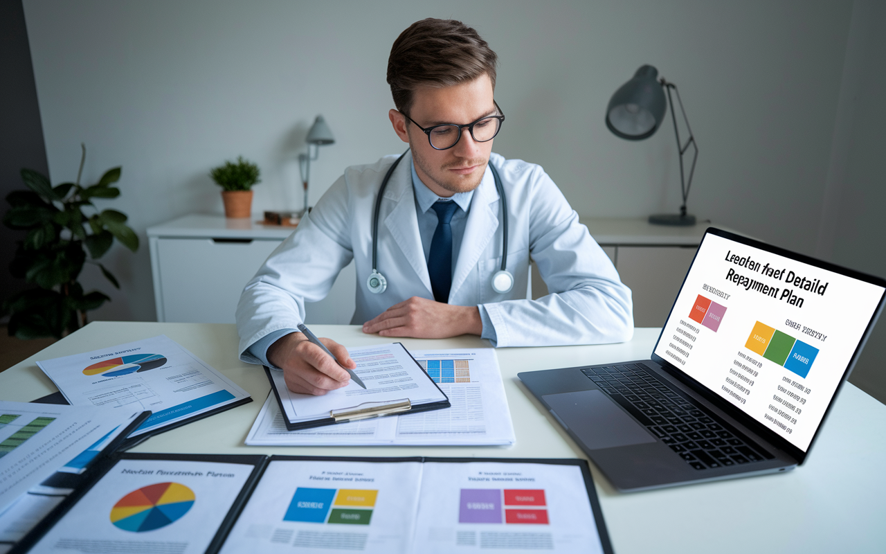 A focused medical student at a modern desk, surrounded by an organized layout of loan documents and a laptop showing a detailed repayment plan. The student, wearing glasses, is looking thoughtfully at the screen with color-coded charts that emphasize interest rates and monthly payments. The room is well-lit, conveying an atmosphere of determination and clarity in financial planning.