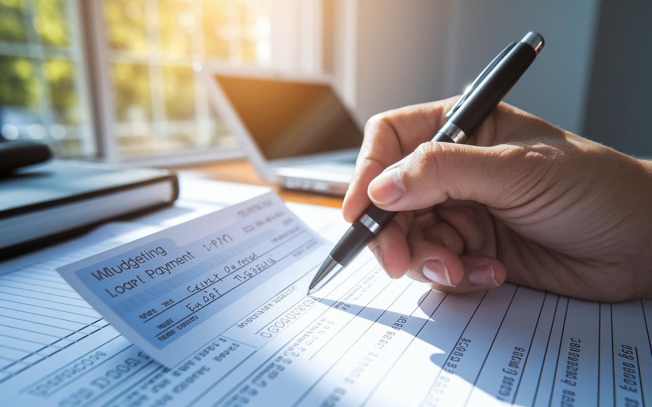 A close-up shot of a hand holding a pen, filling out a check for an extra loan payment with a notepad filled with budgeting numbers in the background. The atmosphere is bright and hopeful as sunlight streams in through a window, casting a warm glow over the focused financial efforts of an individual committed to reducing their debt.