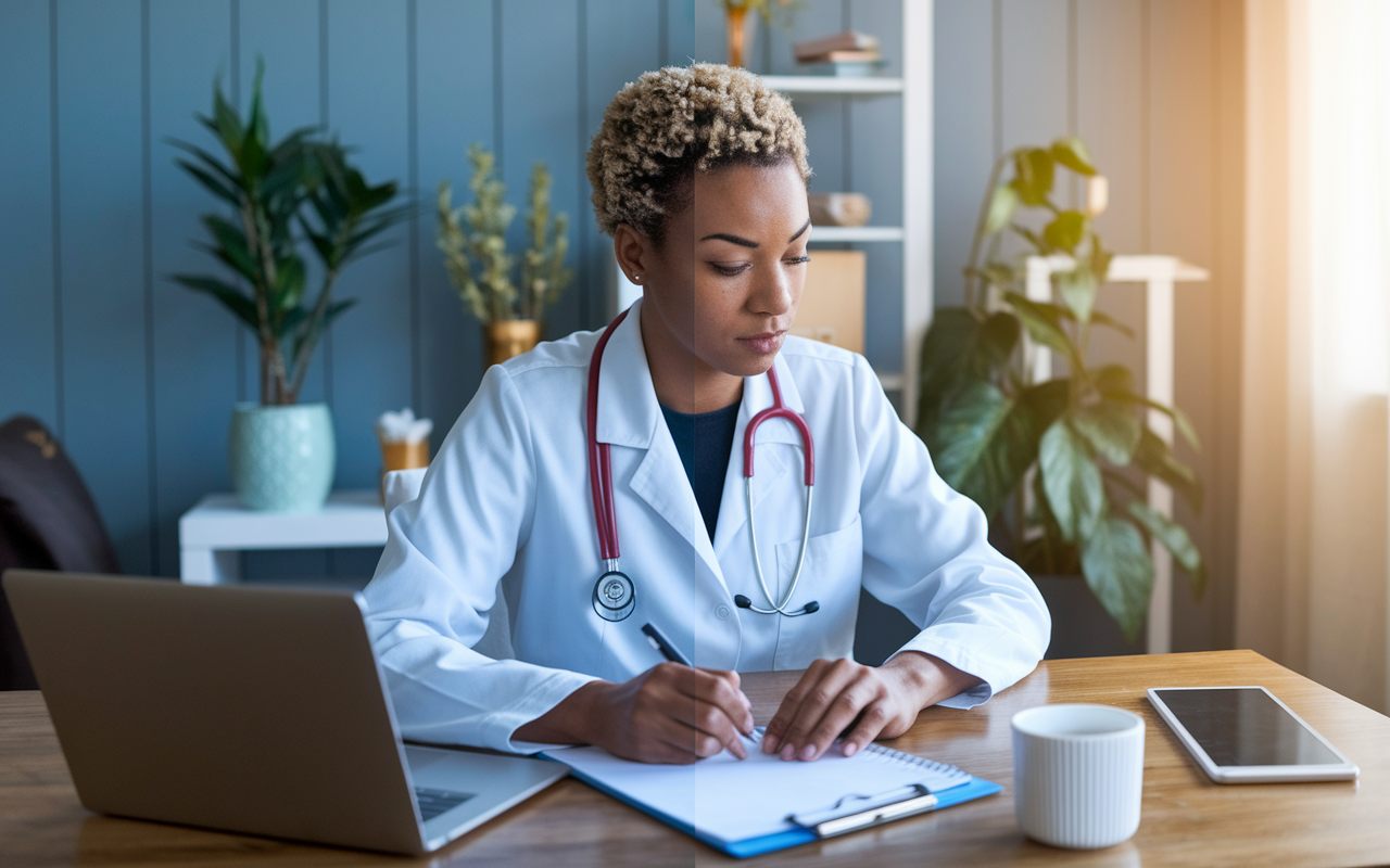 A split scene of a medical professional engaging in a telemedicine consultation on one side, and on the other, writing lecture notes for a healthcare teaching session in a cozy, well-lit home office. The duality of commitment to profession and side hustle showcases the adaptability and industriousness of individuals tackling their debt.