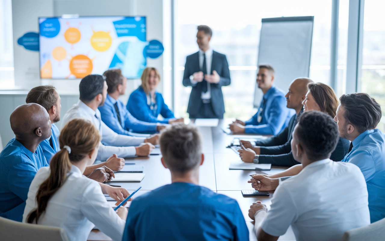 A diverse group of medical professionals gathered around a table in a bright conference room, actively participating in a financial management seminar. A presenter is shown at the front with engaging visuals on the screen. The atmosphere is vibrant and supportive, reflecting a collective effort to learn and grow financially.