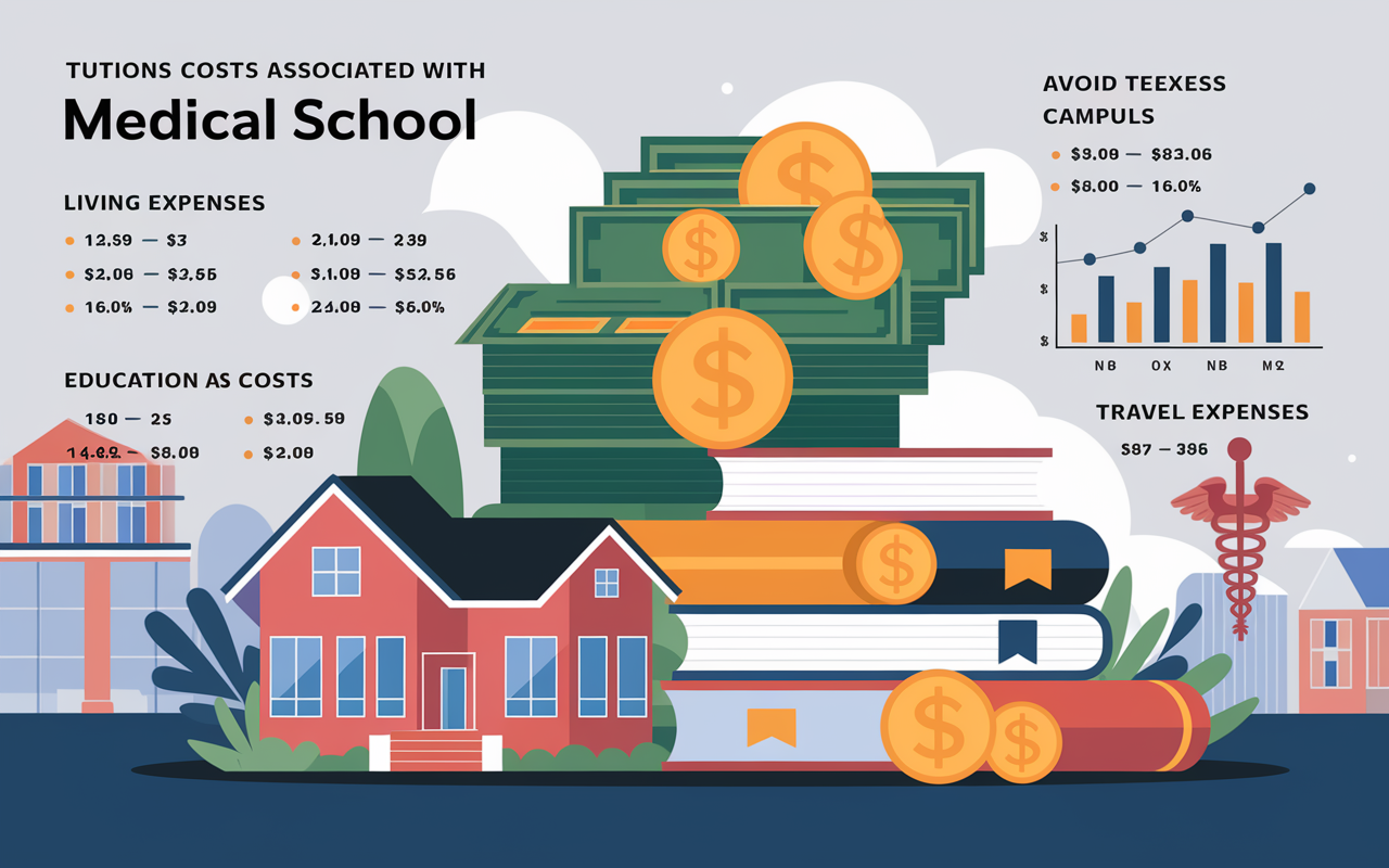 An infographic-style illustration displaying the various costs associated with medical school, including tuition fees represented by a stack of money, living expenses shown as a small house with rent and groceries symbols, a pile of books symbolizing education-related costs, and icons for insurance and travel expenses. The background features a softly blurred campus scene, creating a contextual vibe of academic life, while charts and percentages detail the average yearly costs.