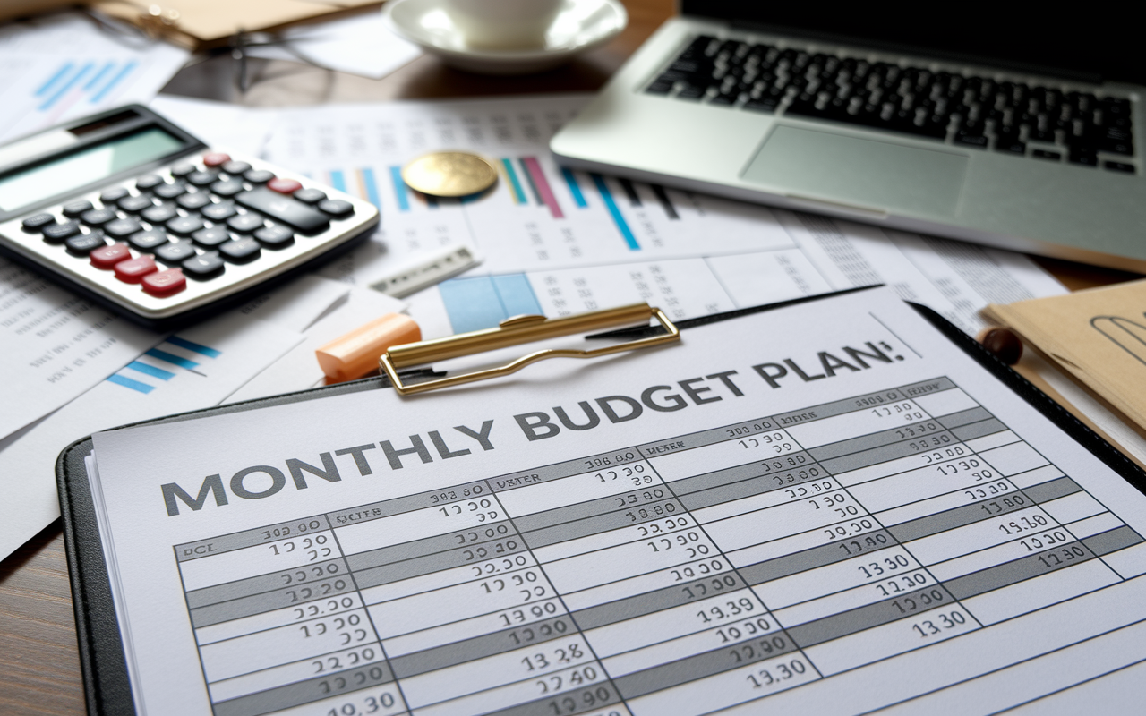 An organized monthly budget plan spread across a table, with labeled categories and estimated amounts. The background shows a desk cluttered with financial documents, a calculator, and a laptop. The main focus is a clear overview of expenses such as rent, utilities, groceries, and educational costs laid out neatly, conveying the importance of a structured financial plan.