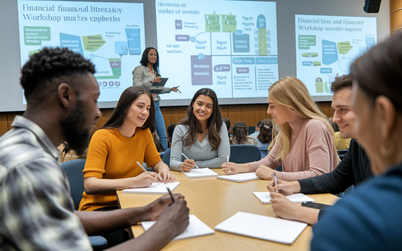 A vibrant scene of a financial literacy workshop held in a university auditorium. A diverse group of students, including a Black male, Hispanic female, and Caucasian female, are engaged, taking notes while a presenter explains budgeting strategies using slides on a projector. The atmosphere is lively and interactive, filled with charts and graphics showcasing financial tips, creating a sense of empowerment and community support.