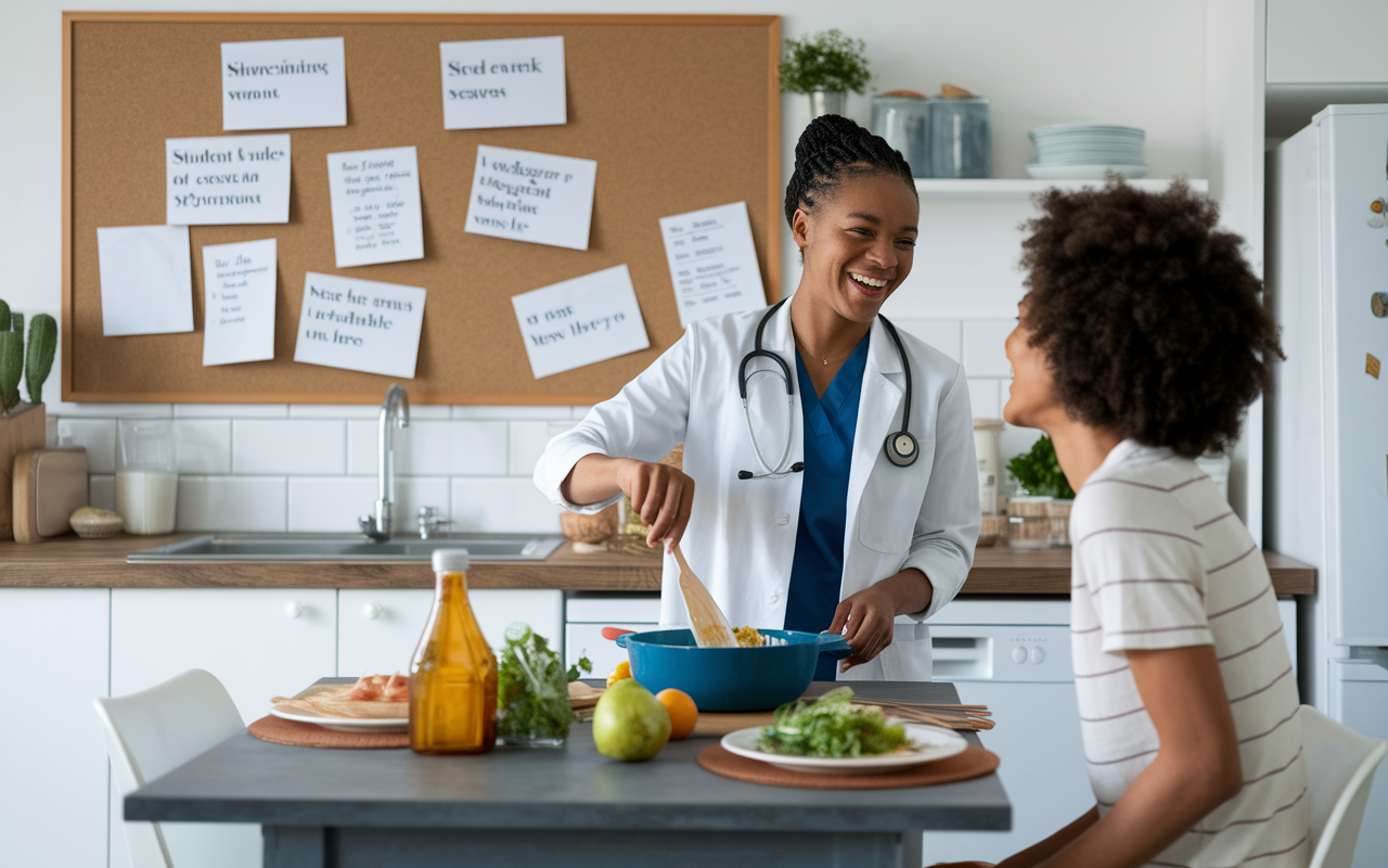 A cozy kitchen scene where a medical student is cooking a healthy meal while sharing a laugh with their roommate. The kitchen is well-organized, and the ingredients are laid out on the counter. A small dining table is set for two. In the background, a bulletin board displays notes and reminders about budgeting, student discounts available on campus, and cooking recipes, highlighting a frugal yet fulfilling lifestyle.