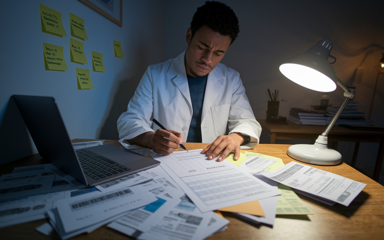 A reflective scene where a medical student is sitting at their desk late at night, reviewing their budget on a laptop with a frown, marking adjustments on a printed budget sheet. The desk is cluttered with bills and receipts, and a small lamp provides warm light. Post-it notes on the wall emphasize reminders for financial evaluation, showcasing the ongoing process of financial management.