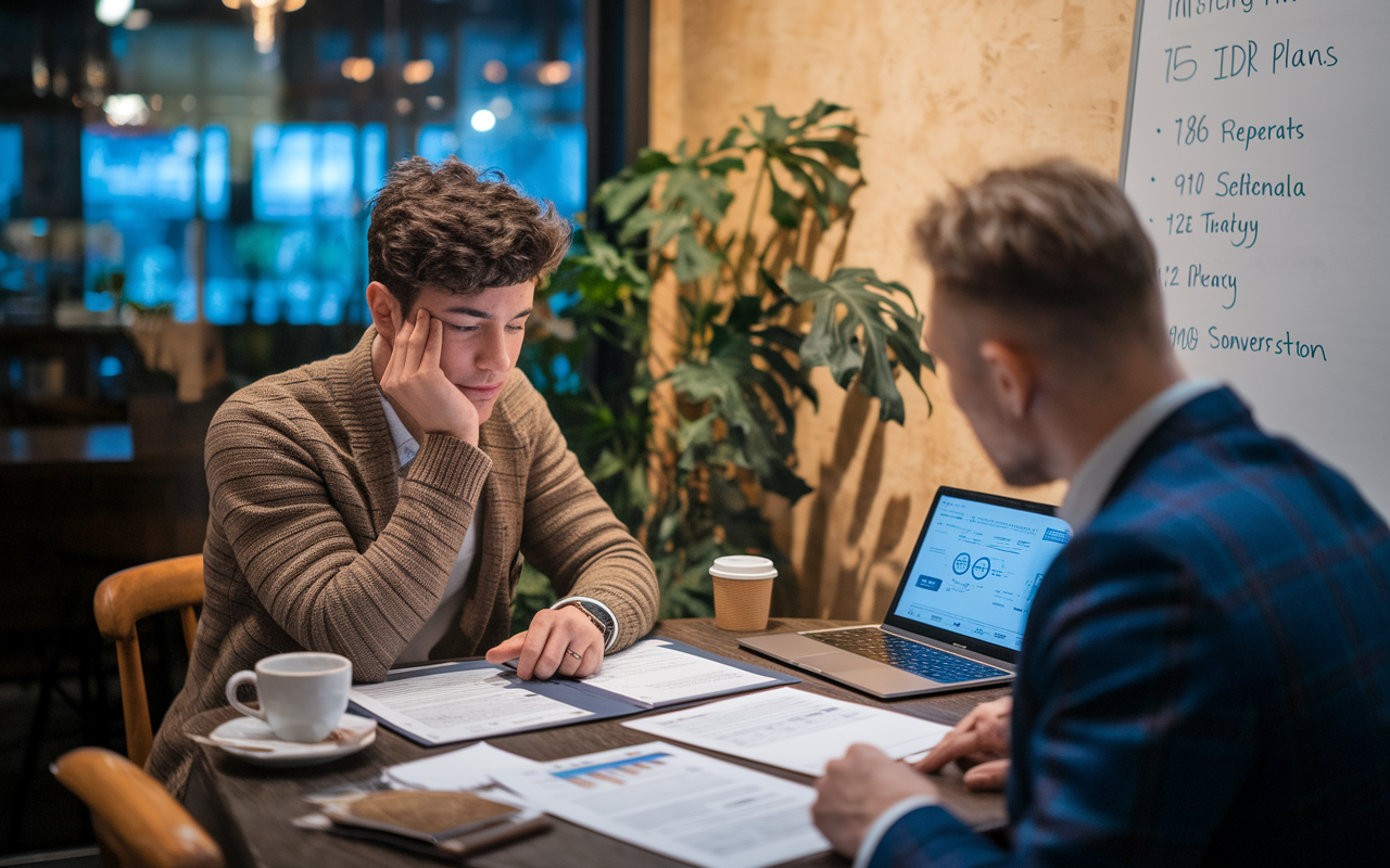 An intimate setting of a coffee shop where a recent graduate, looking relieved, discusses debt repayment options with a financial advisor at a table covered with loan documents. The warm ambiance has coffee cups, a laptop opened displaying debt repayment charts, and a whiteboard listing IDR Plans. A plant in the corner adds a sense of calm to their serious conversation.