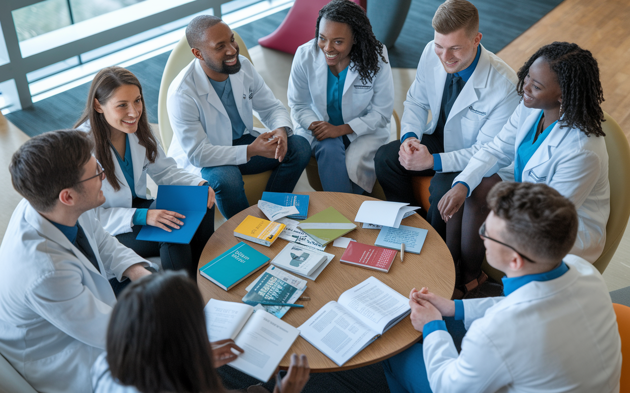 A group of medical students gathered around a coffee table in a student lounge, exchanging tips and experiences about managing finances. Various books and resources spread out, showing different budgeting strategies. The atmosphere is collaborative and friendly, with smiles and camaraderie as they discuss their shared journey through med school, highlighting the importance of community in financial literacy.