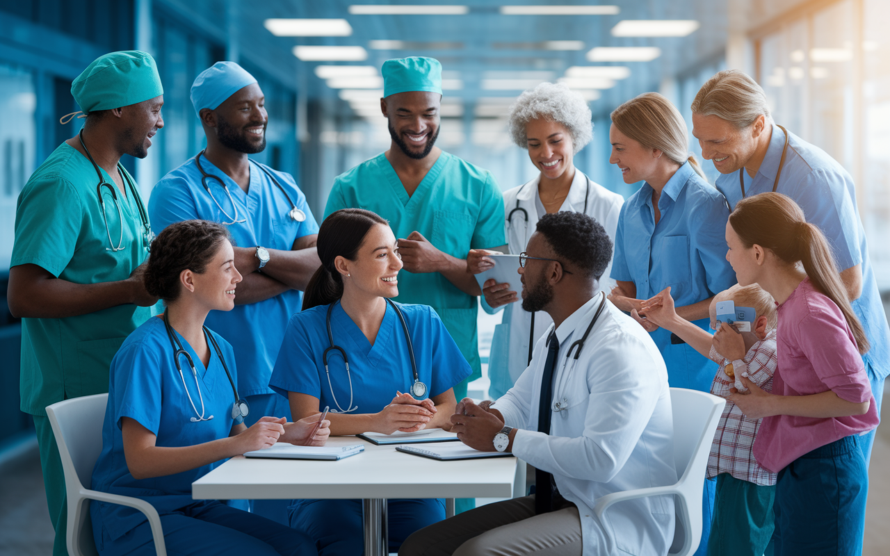 A dynamic image showing a diverse group of medical professionals in various attire representing different specialties (e.g., a surgeon in scrubs, a psychiatrist in a cozy office, a pediatrician with children). They are engaged in discussions or examinations in a well-lit, modern medical setting. The atmosphere is collaborative, with smiles and expressions of understanding among the healthcare workers, showcasing teamwork and interaction in a vibrant, contemporary hospital environment. Photorealistic style with vibrant colors and engaging details.