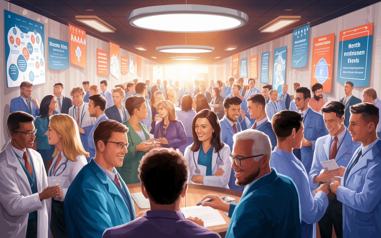 A vibrant scene showing a diverse group of aspiring medical professionals at a networking event in a large conference room. They are interacting, sharing ideas, and exchanging contact information. The room is decorated with medical-themed banners and posters showcasing advancements in healthcare. Bright, welcoming lighting creates an atmosphere of collaboration, ambition, and connection. The image should capture the enthusiasm and motivation of the individuals eager to build relationships within the medical community. Digital painting style with rich colors and detailed expressions.