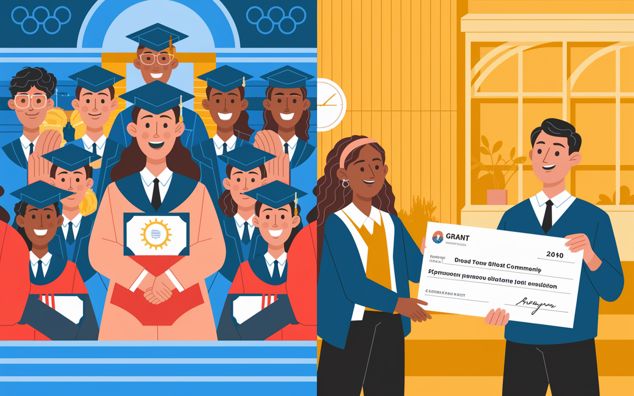 A split-screen illustration showing the differences between scholarships and grants. On one side, a student receiving a scholarship award at an academic ceremony, radiating joy and pride, surrounded by peers. On the other side, a student in a modest setting, receiving a grant check from a community organization with gratitude. The backgrounds highlight educational environments, symbolizing opportunity and support, with bright, encouraging colors.