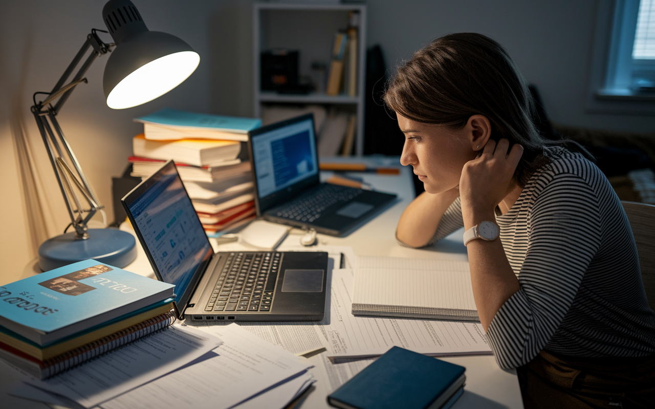 A determined student at a desk cluttered with laptops, books, and notes, intensely focused on a search for scholarships on multiple screens. The room is well-organized but filled with medical textbooks and papers strewn about, suggesting a high level of effort. The warm glow of a desk lamp creates an intimate study environment, emphasizing the importance of thorough research in achieving educational goals.