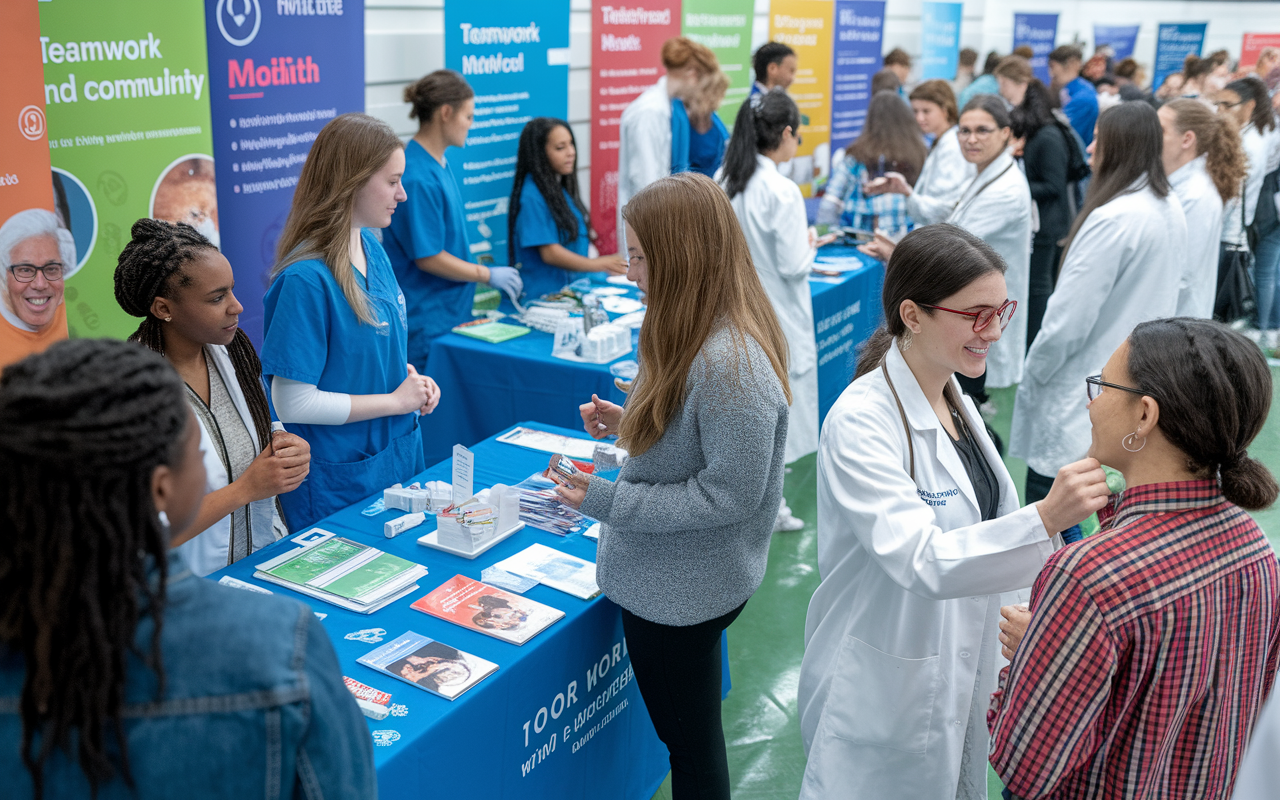 A vibrant scene at a health fair organized by medical students, showcasing various booths with health-related information. Students are actively engaging with diverse community members, providing health check-ups and educational materials. The atmosphere is lively and filled with enthusiasm, with colorful banners and promotional materials highlighting teamwork and community service in action.