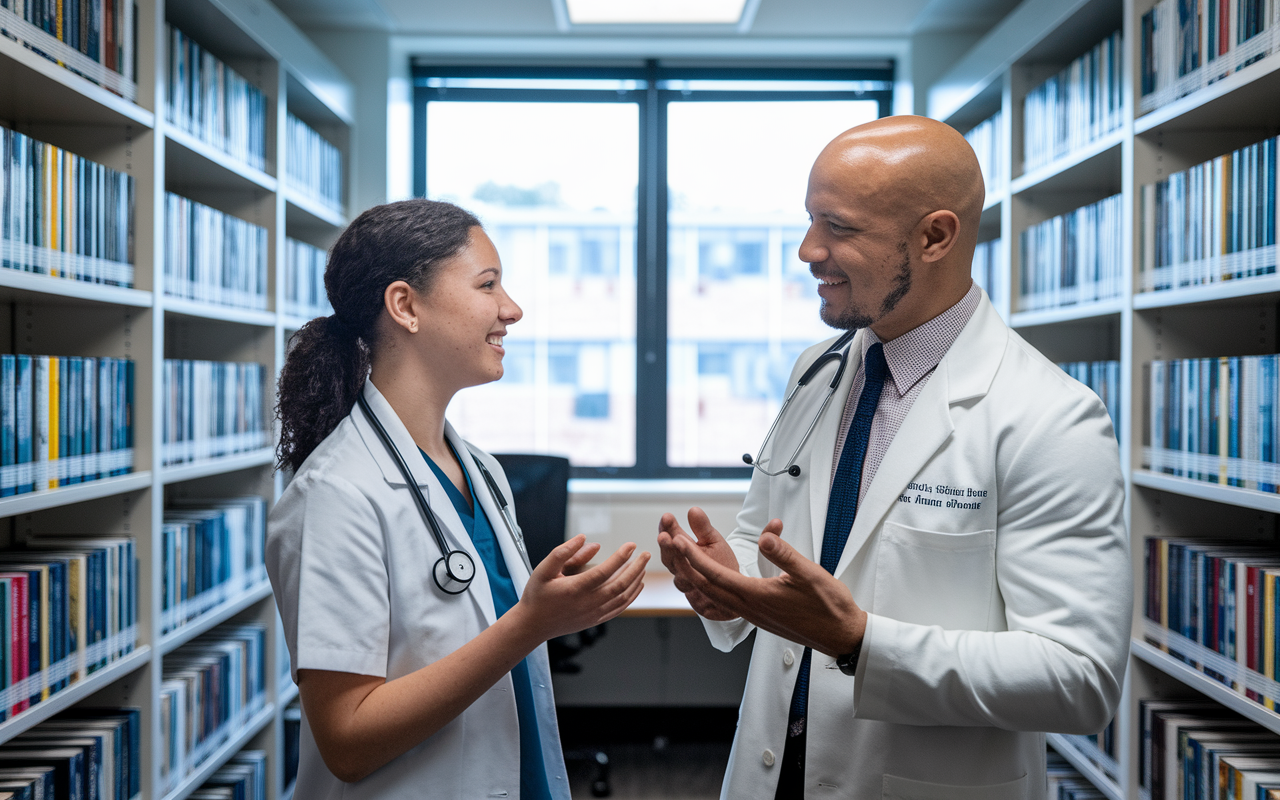 A medical student in a conversation with a professor in an academic office, both engaged in an insightful discussion. The room is filled with shelves of medical books, and a window allows natural light to pour in, symbolizing knowledge sharing and mentorship. The expressions of both individuals reflect mutual respect and encouragement, illustrating the importance of building professional relationships.