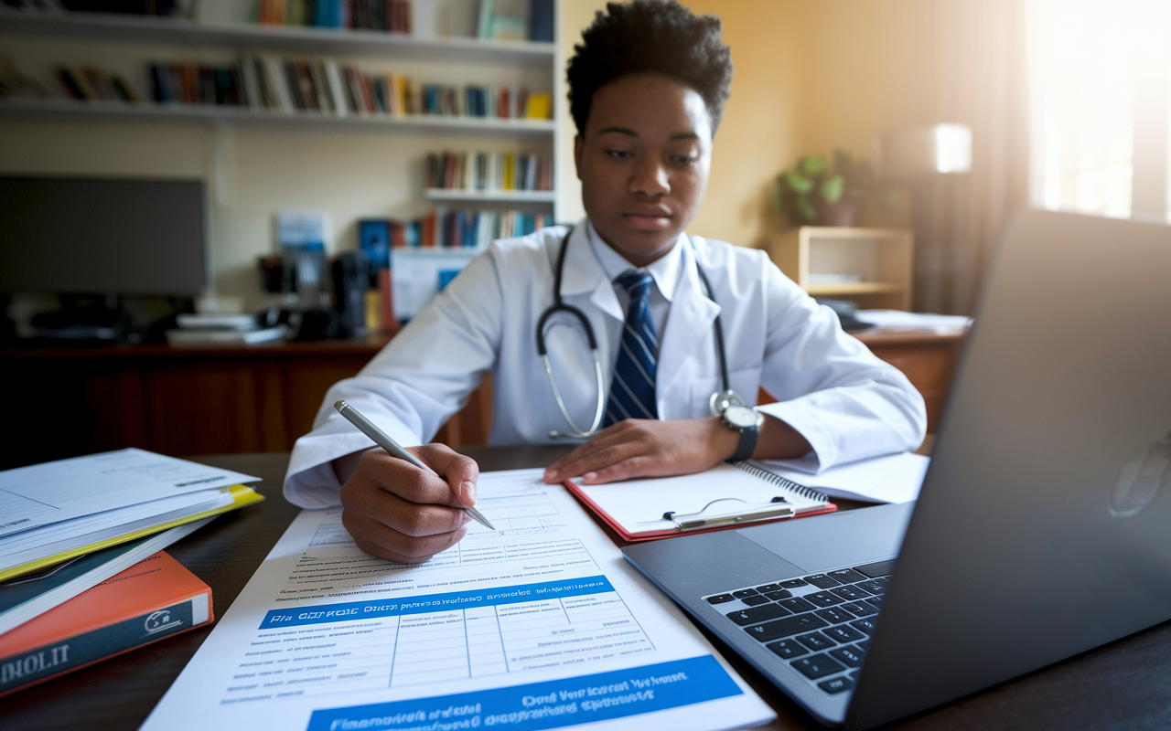 A focused student seated at a desk with papers and a laptop open, diligently filling out the FAFSA application. The room is warmly lit with textbooks and financial aid brochures scattered around, indicating a thorough approach to securing financial support. The student’s expression conveys determination and hope amidst the financial complexities of medical education.