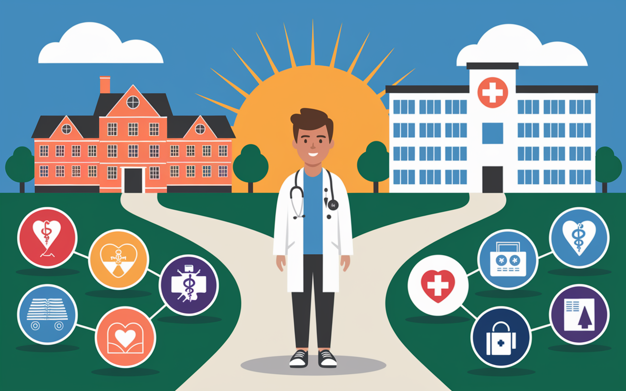 A hopeful medical student standing at a crossroads, symbolizing choices and opportunities ahead, with a backdrop of a university and hospital. The setting includes a blend of educational and health symbols, showcasing diverse paths in medicine. The sky is vibrant with a sunrise, signifying new beginnings and possibilities in their career journey toward becoming a healthcare professional.