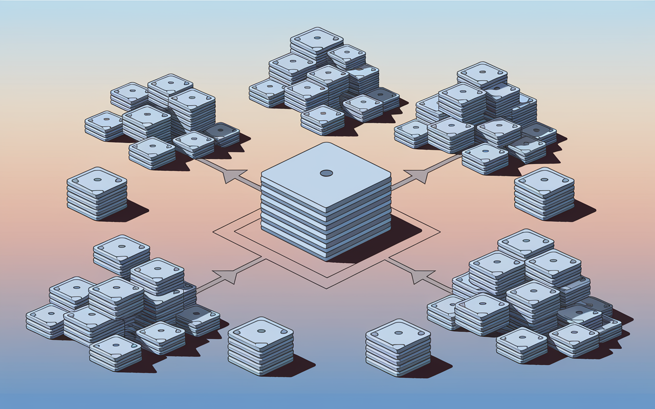 An illustrated diagram showcasing the concept of debt consolidation, featuring a central loan represented as a large, stable structure surrounded by various smaller loans represented as chaotic, smaller piles. Arrows connecting smaller loans to the central figure symbolize the merging process. The background is a soft gradient suggesting calmness, representing the relief debt consolidation offers. Calm colors with clean lines emphasize clarity and organization in a finance context.