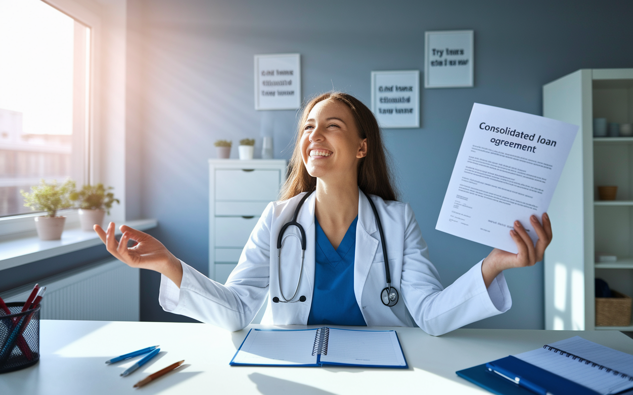 A joyful young medical graduate at a tidy desk holding a single document that shows a consolidated loan agreement, looking relieved and content. Sunlight floods the room through a window, symbolizing a brighter financial future. Clean office space with motivational quotes on the wall and a planner open to the current month, symbolizing organization and control over new financial commitments.