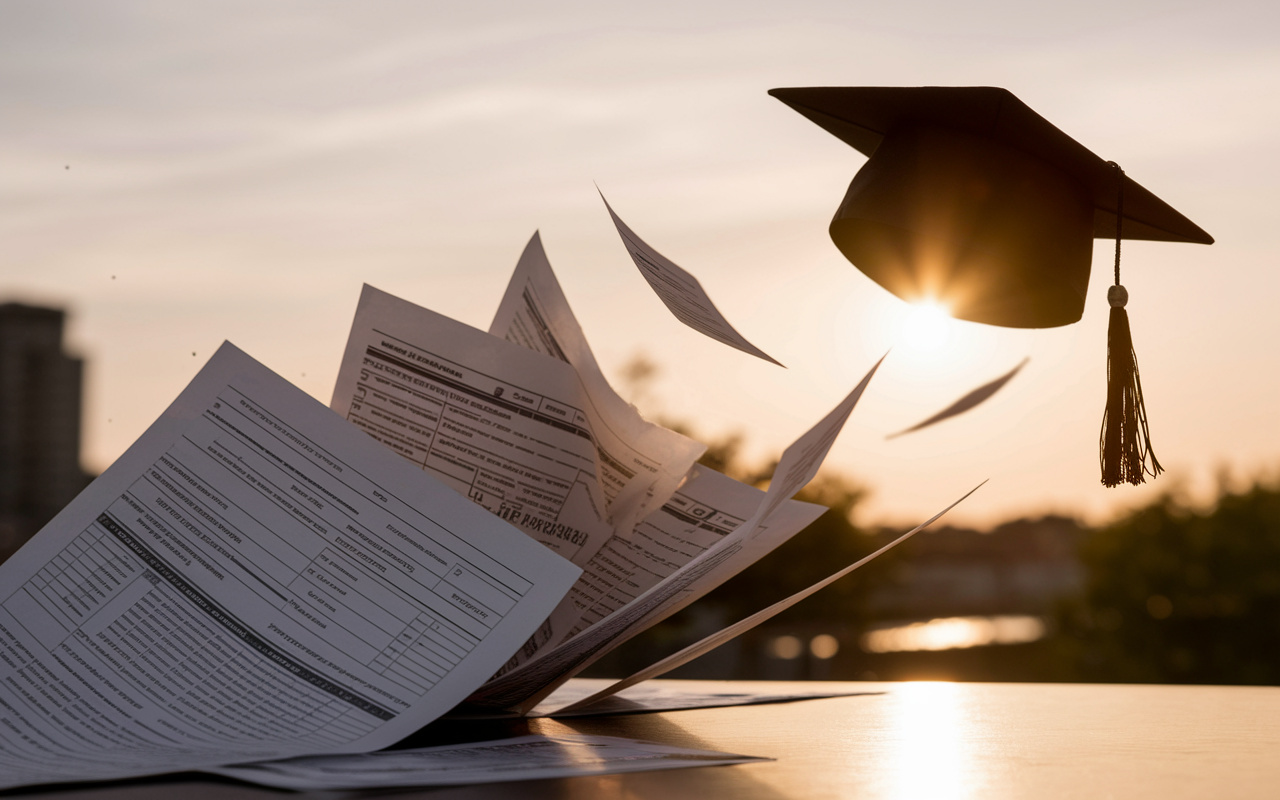 A visual metaphor showing a graduation cap floating away as the sun sets, symbolizing lost opportunities and benefits, such as loan forgiveness. In the foreground, paperwork is flying off a desk, representing the chaos resulting from consolidating loans. The emotional tone is bittersweet, indicating sacrifice against the backdrop of fading light, emphasizing the gravity of the choice.