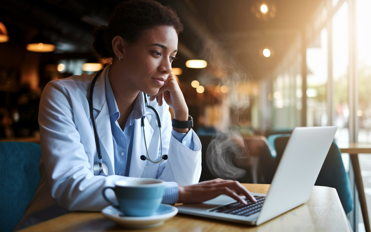 A thoughtful young physician sitting in a cozy, well-lit coffee shop with a laptop open in front of them, deep in contemplation while looking at various loan options on the screen. A steaming cup of coffee sits beside them, and the atmosphere is calm and inviting. Soft sunlight pours in through the window, symbolizing hope and the clarity that comes with informed financial choices.