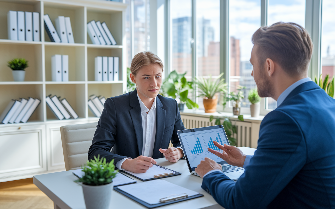 A young professional in a smart-casual outfit, sitting across a desk from a friendly financial advisor, in an elegantly designed office filled with motivational financial charts. The young person looks slightly anxious yet hopeful while the advisor is using a laptop to discuss strategies for debt management. Bright, natural lighting pours in from large windows, creating an uplifting atmosphere. The background features a well-organized bookshelf with financial books and plants, conveying a sense of comfort and professionalism.