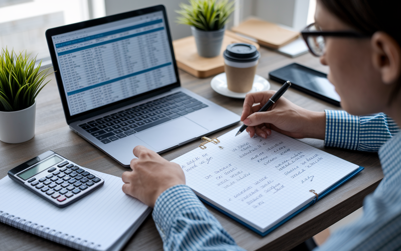 A focused young adult analyzing financial data on a modern laptop, with multiple spreadsheets open detailing student loans, income sources, and monthly expenses. A large notepad is filled with handwritten notes and strategic plans. The desk is well-organized, with a calculator, coffee cup, and a potted plant in a bright room, suggesting a sense of efficiency and determination in understanding their financial situation.