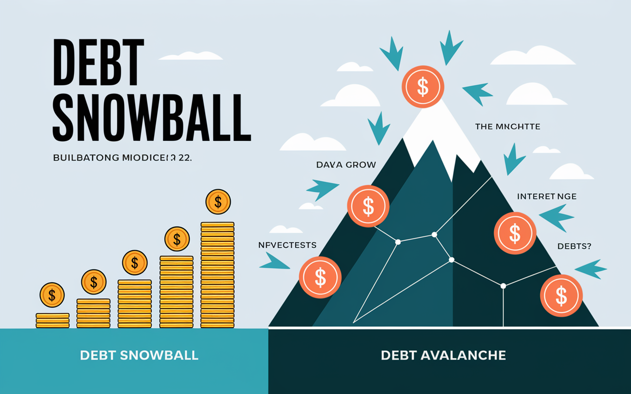 A colorful infographic illustrating the Debt Snowball and Debt Avalanche strategies with engaging graphics. The Debt Snowball side features a small pile of coins gradually increasing, symbolizing building momentum, while the Debt Avalanche side shows a steep mountain representing higher interest debts, with arrows indicating debt reduction. The background is light and vibrant, enhancing the educational nature of the graphic.