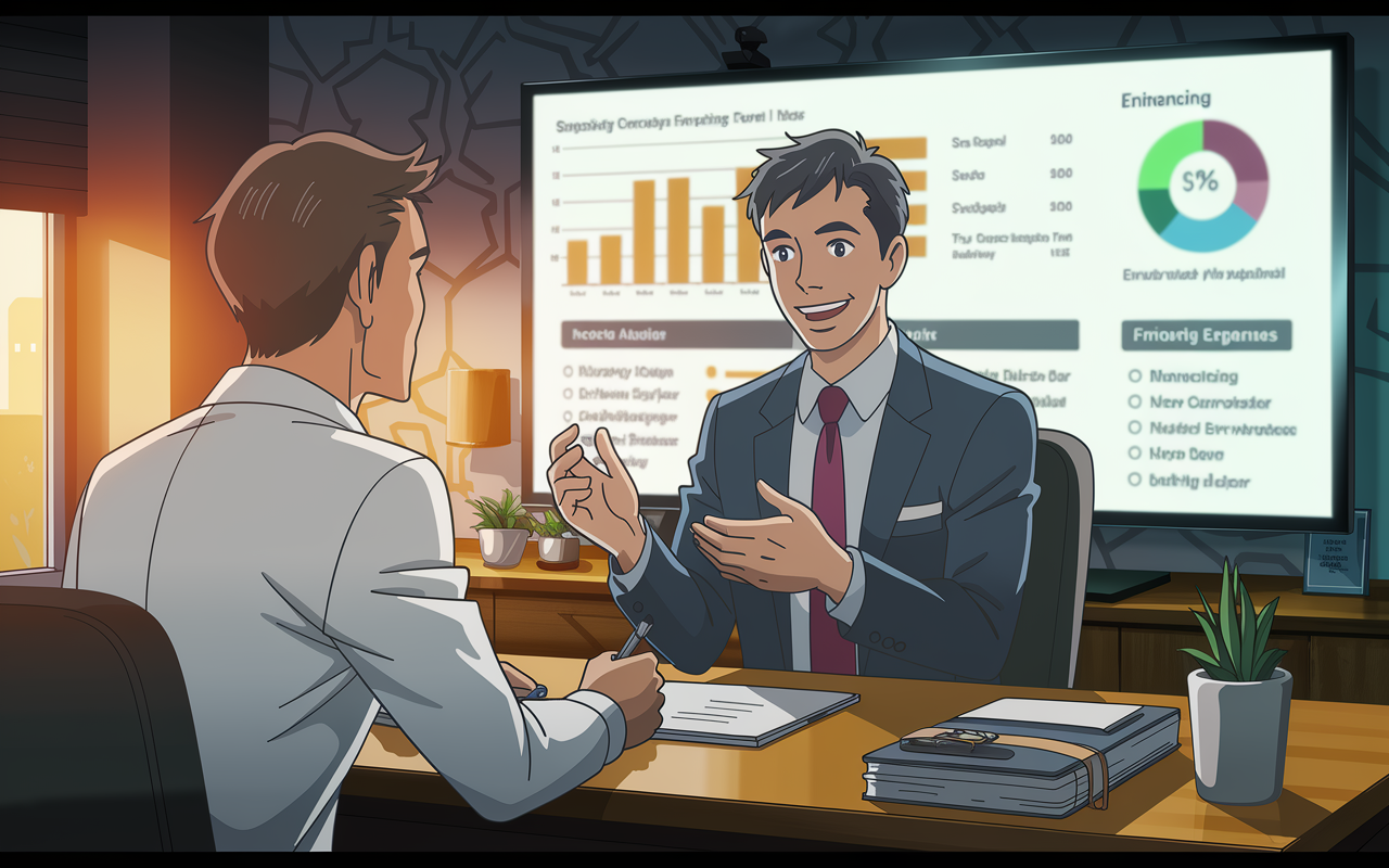 A financial advisor animatedly explaining budgeting strategies to a client in a stylish office. The client is attentive with a notepad, and financial charts are displayed on a screen behind them, including income allocation, savings plans, and tips for cutting expenses. Warm lighting casts a friendly glow in the room, fostering a supportive environment for learning.