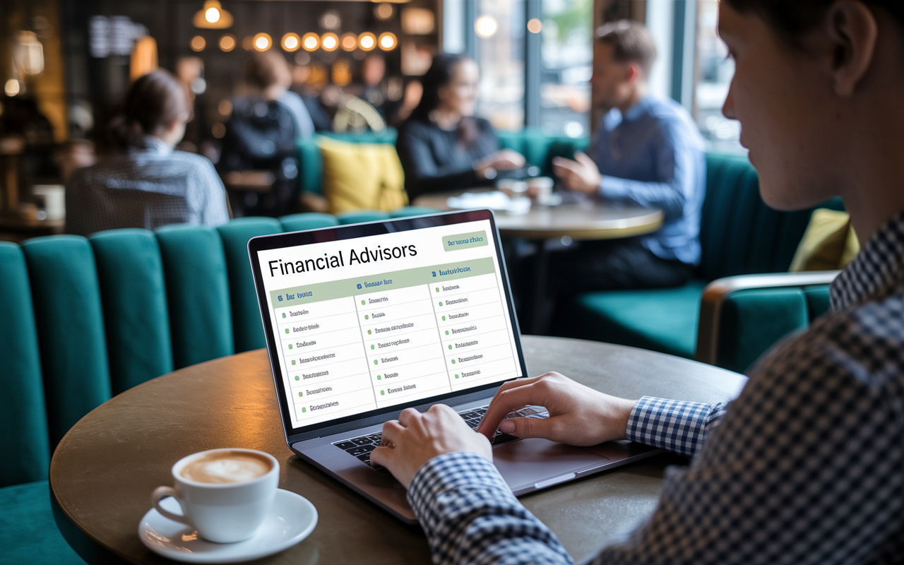 A young individual researching financial advisors on a sleek laptop at a cozy coffee shop. The screen displays a list of advisors with their ratings and specialties. The ambiance is warm with soft lighting, comfortable seating, and the presence of other patrons engaged in conversations. Nearby, a cup of coffee rests on the table, suggesting a relaxed yet productive atmosphere for making informed decisions.