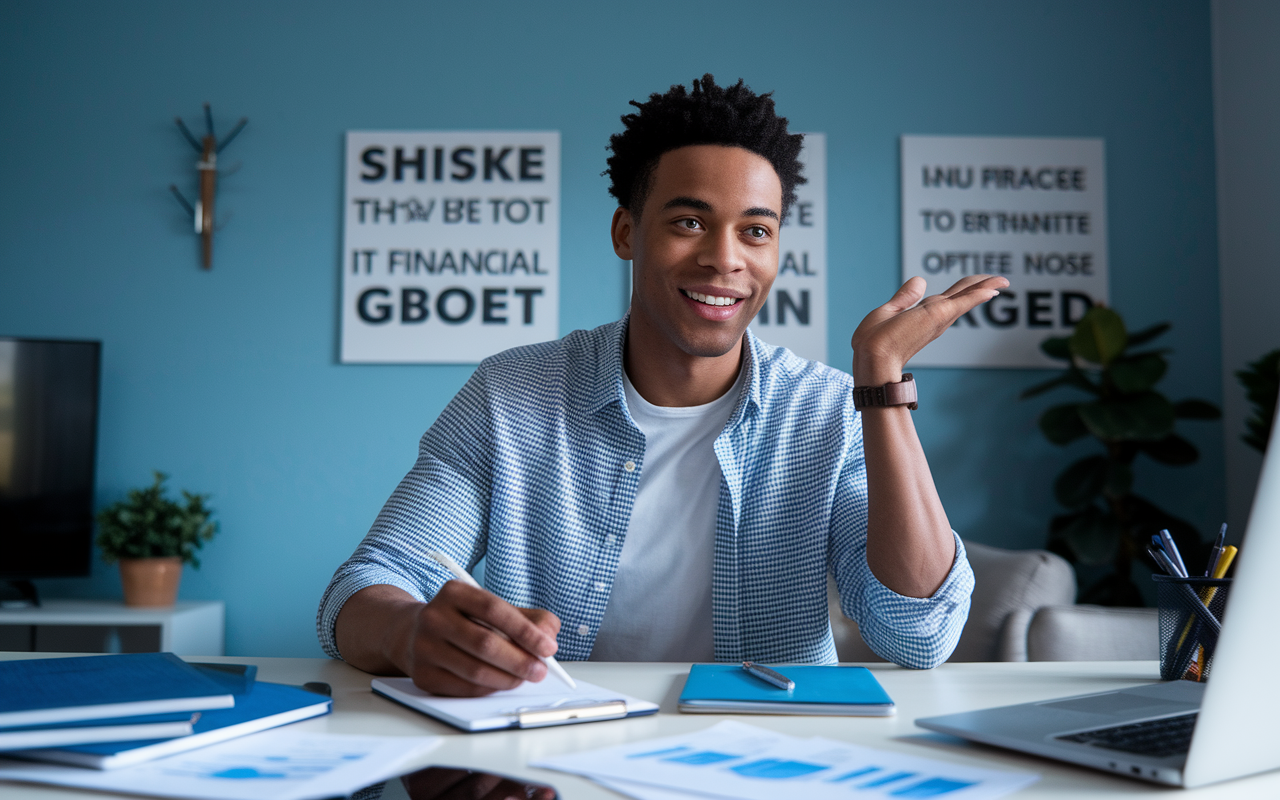 A young individual on a video call with their financial advisor, discussing financial goals and progress. The background reflects a home office with motivational quotes on the wall and various finance-related materials spread across the desk. The person appears engaged and optimistic, taking notes while nodding in agreement. The lighting is bright and focused, symbolizing clarity and purpose in their financial journey.