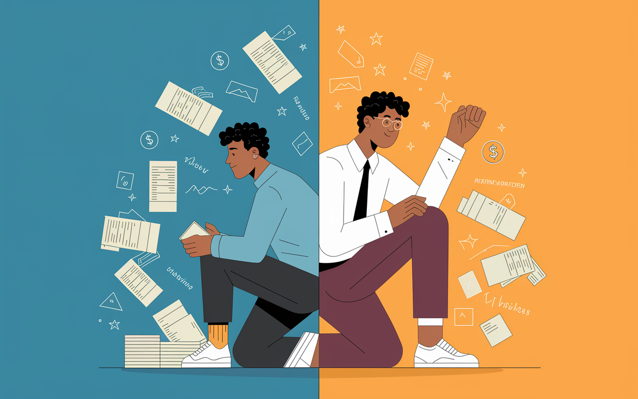 A dynamic illustration showcasing the journey from debt to financial freedom, featuring a split scene: on one side, a young professional surrounded by bills and stress, while on the other side, the same individual is depicted in a confident, thriving state, enjoying life with a successful financial plan in hand. The contrasting imagery conveys hope, determination, and the vital role of financial advisors.