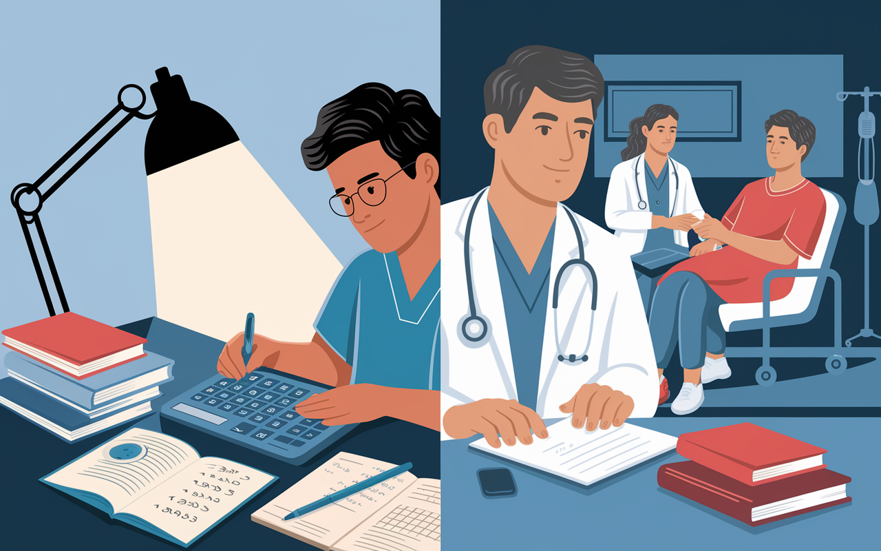 A split-scene illustration showing two scenarios: on one side, a medical student calculating potential salaries for various specialties at a desk full of notes and medical books; on the other, a professional physician in a hospital setting interacting with patients. Soft light from a lamp creates an inviting atmosphere, emphasizing the contrast between future financial planning and present responsibilities.