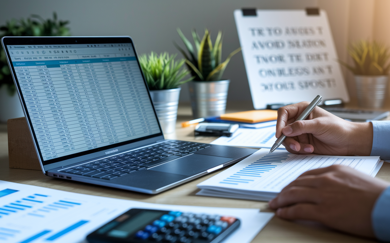 A close-up view of a financial spreadsheet displayed on a sleek laptop screen, alongside a person’s hands holding a pen, thoughtfully entering data. The background features a softly lit room with potted plants and a motivational poster. There’s a sense of focus and organization as various documents and calculators are spread across the desk, creating a productive ambiance.