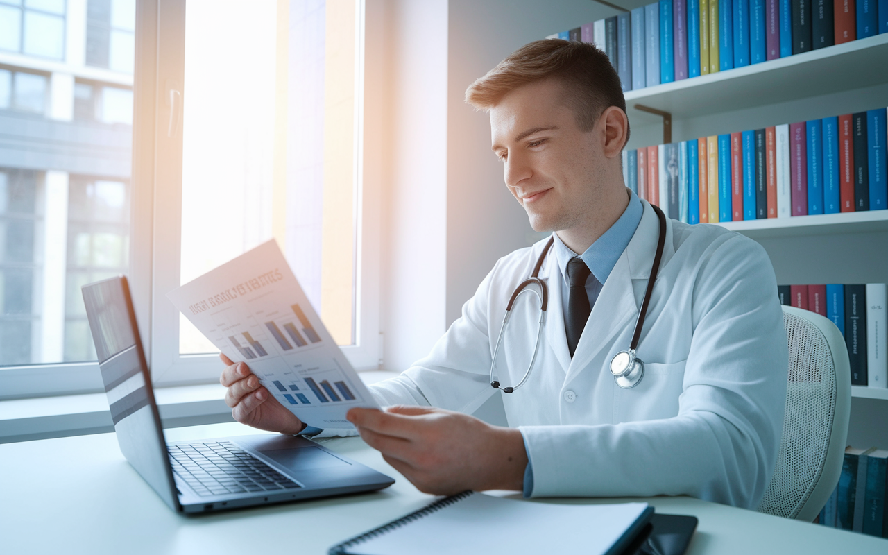 A professional setting where a medical student, Caucasian male, is sitting at a desk with a laptop open, examining salary statistics for different medical specialties. Graphs and charts are visible on the screen. The room is bright, natural light streams through a window, creating an optimistic atmosphere. Books about medical specialties are neatly arranged on a shelf behind him, symbolizing the pursuit of knowledge.