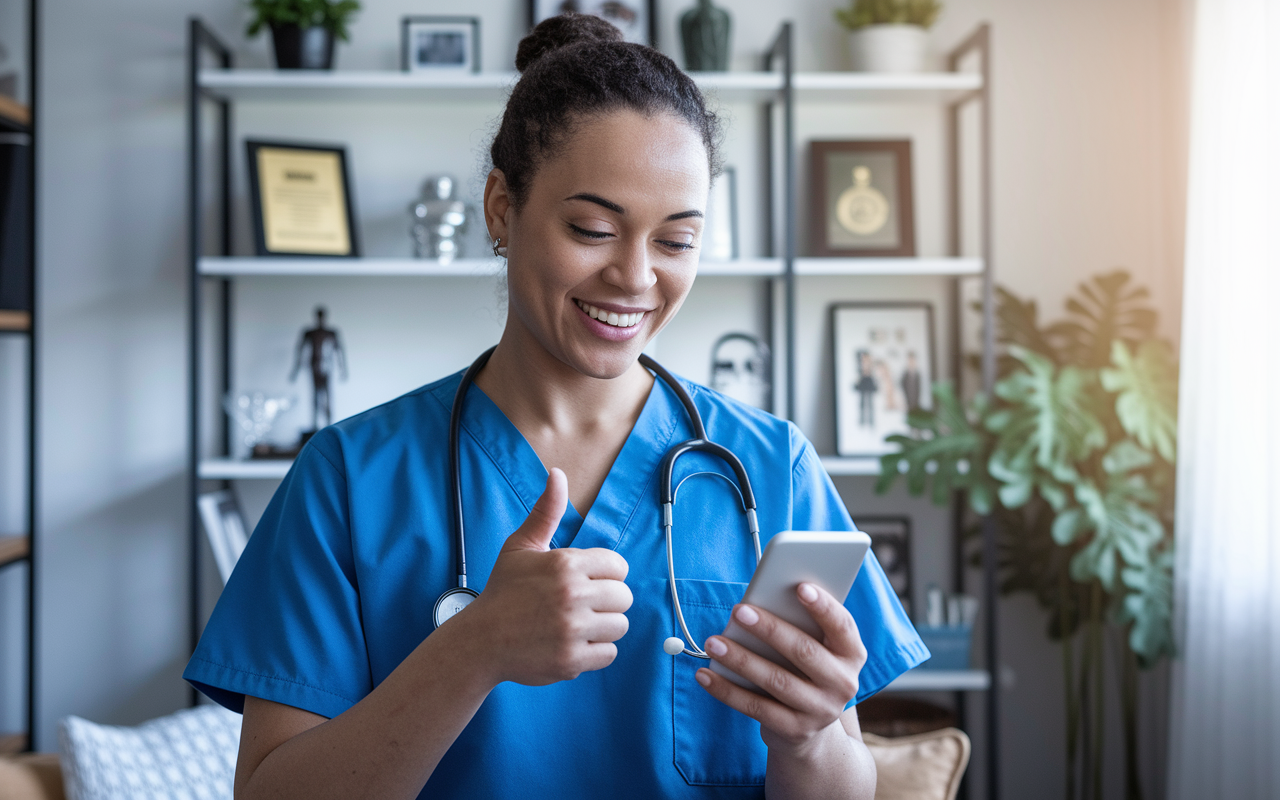 An inspirational image of a happy medical professional reviewing a financial app on their smartphone with a thumbs-up gesture, satisfied with their automated payment plan. The background shows a cozy home office environment with personal touches, such as medical awards and pictures, symbolizing a fulfilling career. Natural light fills the space, creating a sense of achievement.