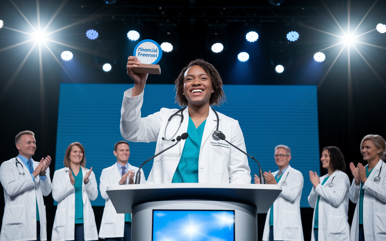 A celebratory scene of a medical professional standing triumphantly on a podium, holding a small trophy labeled 'Financial Freedom'. The event takes place in a conference hall filled with fellow medical professionals and supportive family members, all applauding. Bright stage lights highlight the joyful expression on the professional's face, symbolizing success and accomplishment in managing debt.