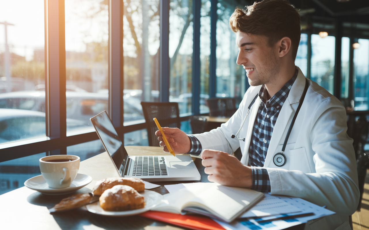 A young medical student working on a laptop in a sunny coffee shop, balancing study materials and freelance projects. The atmosphere is relaxed, with natural light streaming through large windows, reflecting an inviting and productive environment. Various coffee cups and pastries are on the table, along with notes and textbooks, creating a vibrant scene of multitasking and focus.