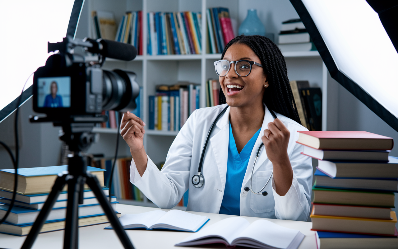 A medical student filming a vlog in their study space, filled with books, a camera setup, and engaging props about their experiences in med school. The student is animated and passionate, sharing insights with their audience. Soft lighting enhances the atmosphere, emphasizing authenticity and enthusiasm in their storytelling.