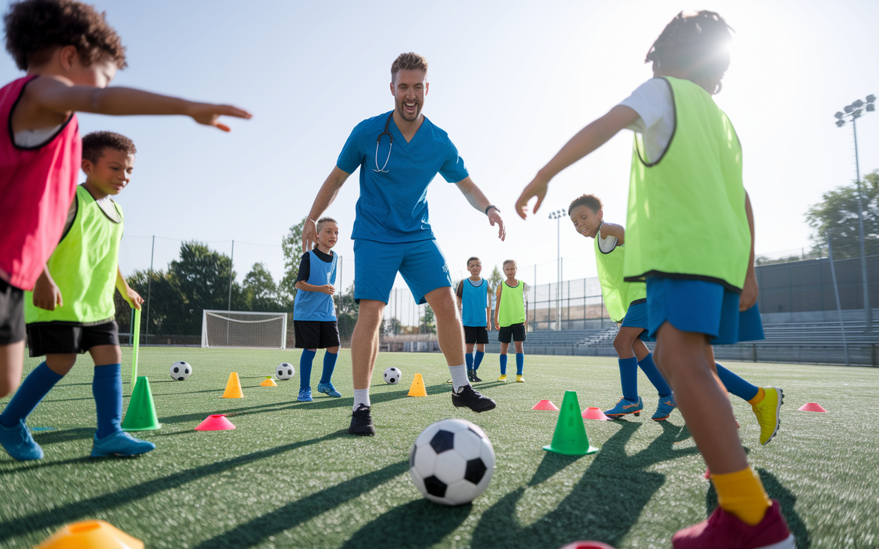 A lively scene of a medical student enthusiastically coaching a youth soccer team at a community field, surrounded by motivated young players. The sun is shining down on an exciting practice, with equipment and cones scattered across the field, showcasing an energetic and fun environment.